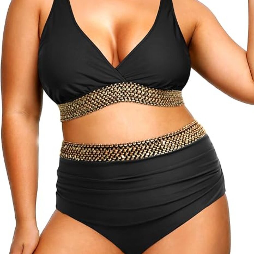 Yonique Brand NWT Women's size 16W Black & Gold High Waisted Bikini Swimsuit - Picture 4 of 5
